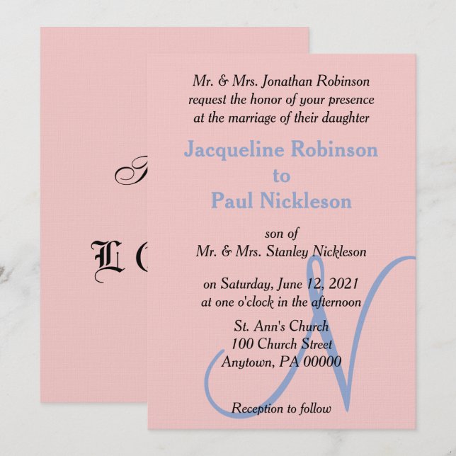 Rose Pink Blue Pastel Monogram Invitation (Front/Back)