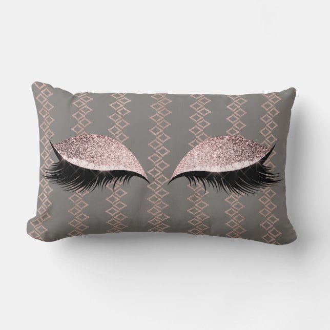 Rose Pink Blush Glitter Gray Glam Makeup Ethnic Lumbar Pillow (Front)