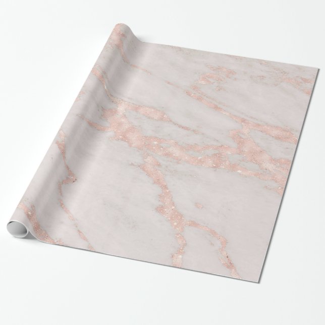 Rose Pink Blush Glitter Marble Glossy Wrapping Paper (Unrolled)