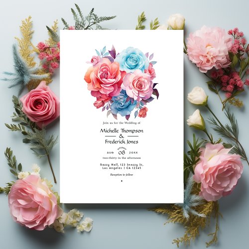 Rose Pink Blush Pink Turquoise and Blue Wedding Invitation