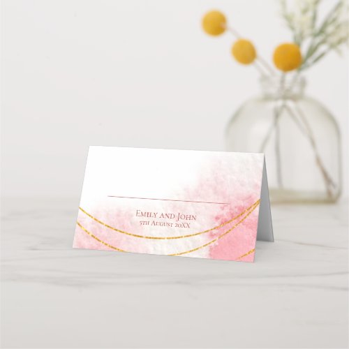 Rose Pink Blush Watercolors Gold Lines Wedding Place Card