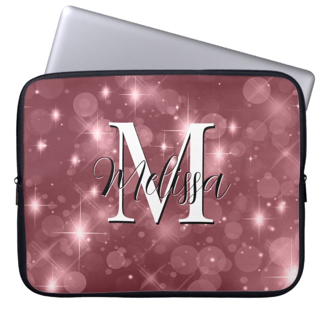 Rose Pink Bokeh Modern Monogram Sparkle Laptop Sleeve (Front)
