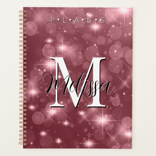 Rose Pink Bokeh Modern Monogram Sparkle Planner (Front)