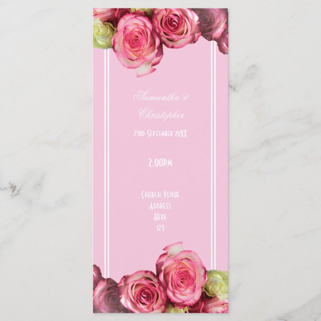 Rose pink border rose church wedding program (Front)