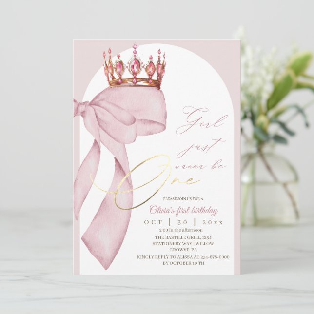 Rose Pink Bow 1st Birthday  Invitation (Standing Front)