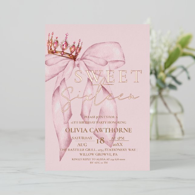 Rose Pink Bow Sweet 16  Foil Invitation (Standing Front)