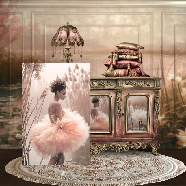 Rose Pink Brown Ballerina Beauty, Misty Lake Tissue Paper (brown girl, ballerina tutu, rose pink, pampas grass, misty lake, portrait art for DIY furniture.)