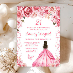 Rose Pink Brown Hair Princess Birthday Party Invitation