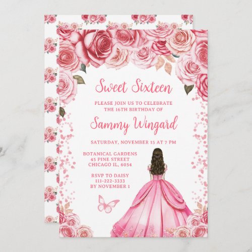 Rose Pink Brown Hair Princess Sweet Sixteen Invitation