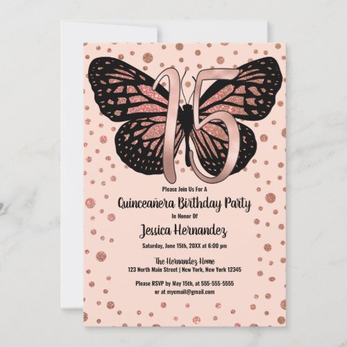 Rose Pink Butterfly Glitter Confetti Quinceaera Invitation