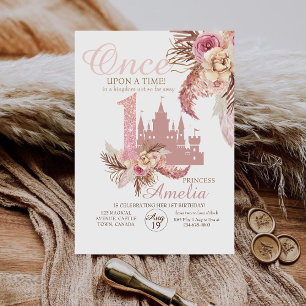 Rose Pink Castle Flower Pampas 1st Birthday  Invitation