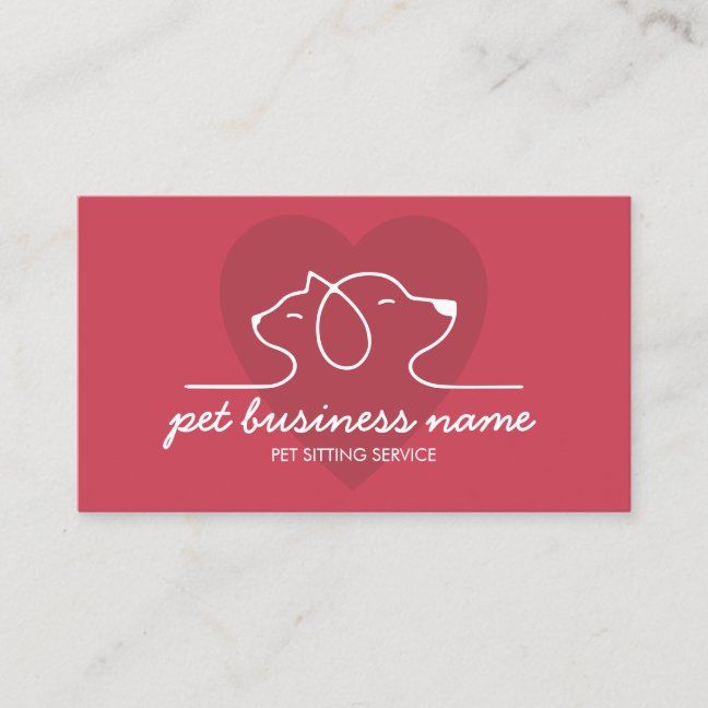 Rose Pink cat and dog together in heart Business Card
