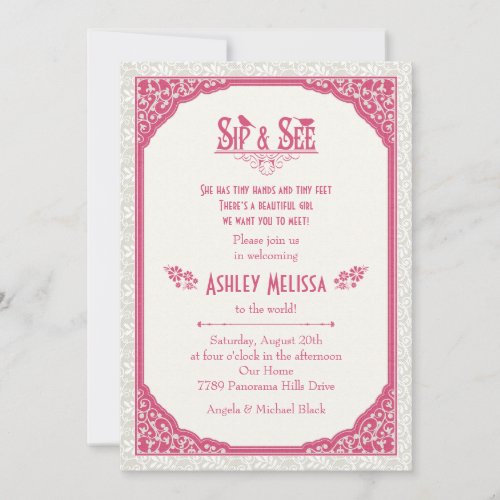 Rose Pink Champagne Lace Sip N See Baby Shower Card