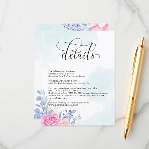  Rose Pink Cloudy Blue Leaves Wedding Details  Enclosure Card