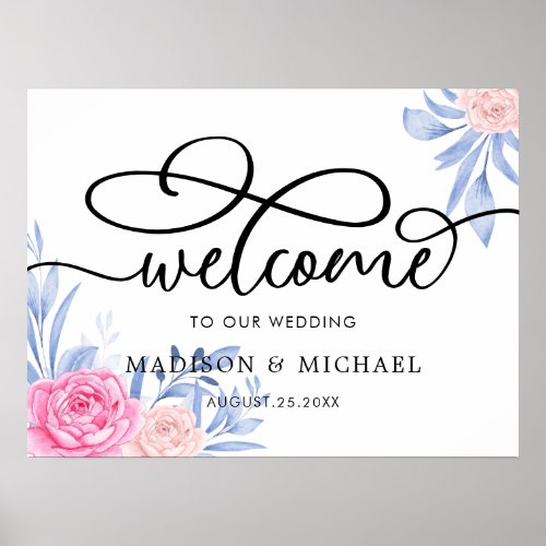 Rose Pink Cloudy Blue Leaves Wedding Welcome Sign
