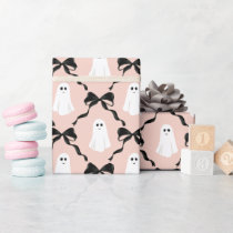 Rose Pink Cute Ghosts and Black Bows Halloween Wrapping Paper