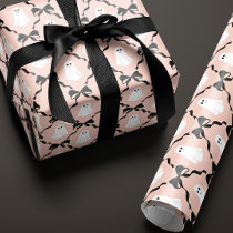 Rose Pink Cute Ghosts and Black Bows Halloween Wrapping Paper