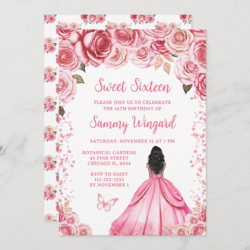 Rose Pink Dark Skin Princess Sweet Sixteen Invitation