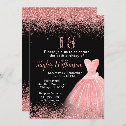 Rose Pink Dress Faux Glitter Birthday Party Invitation