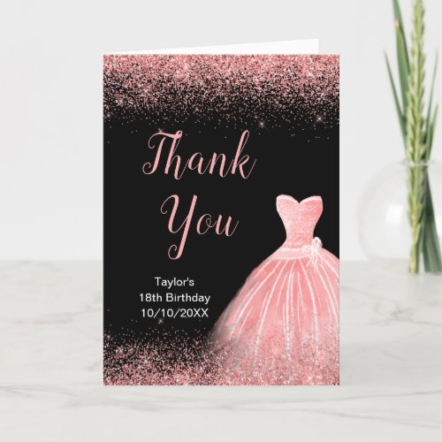 Rose Pink Dress Faux Glitter Birthday Thank You