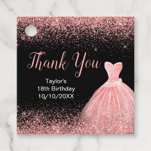 Rose Pink Dress Faux Glitter Birthday Thank You Favor Tags