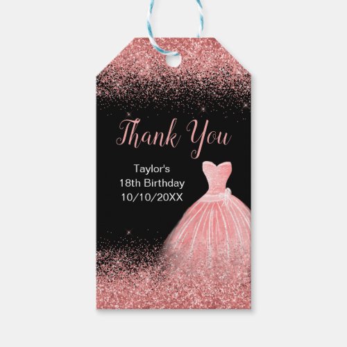 Rose Pink Dress Faux Glitter Birthday Thank You Gift Tags