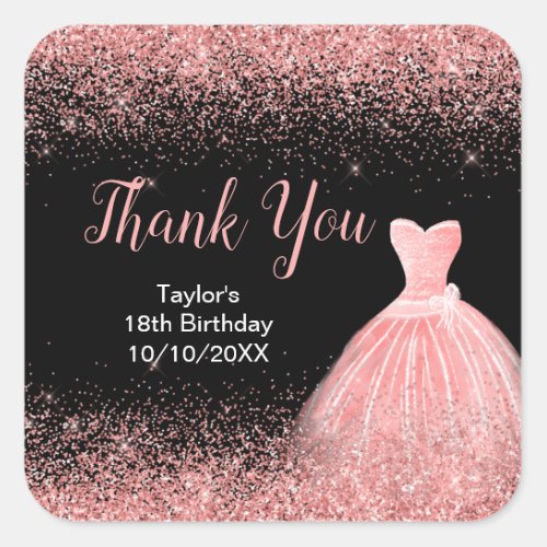 Rose Pink Dress Faux Glitter Birthday Thank You Square Sticker