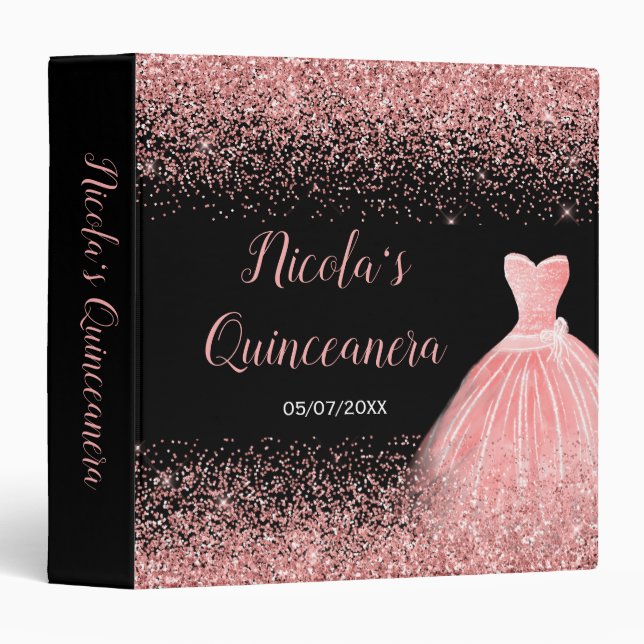 Rose Pink Dress Faux Glitter Quinceanera Album 3 Ring Binder (Front/Spine)
