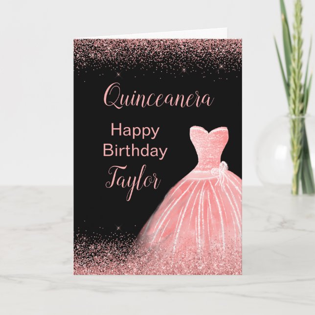 Rose Pink Dress Faux Glitter Quinceanera Card (Front)