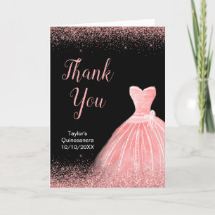 Rose Pink Dress Faux Glitter Quinceanera Letterpress Thank You Card