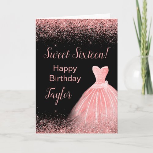 Rose Pink Dress Faux Glitter Sweet 16 Birthday Card