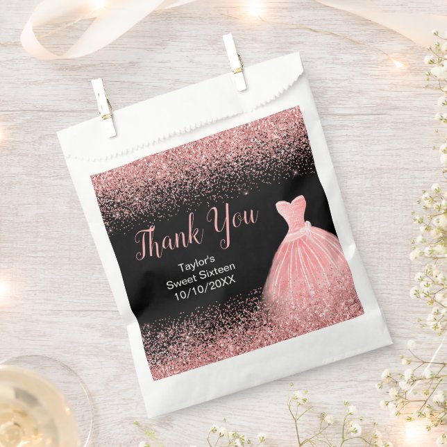 Rose Pink Dress Faux Glitter Sweet 16 Birthday Favor Bag (Clipped)