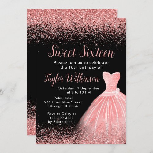 Rose Pink Dress Faux Glitter Sweet 16 Birthday Invitation