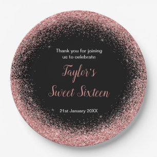 Rose Pink Dress Faux Glitter Sweet 16 Birthday Paper Plates