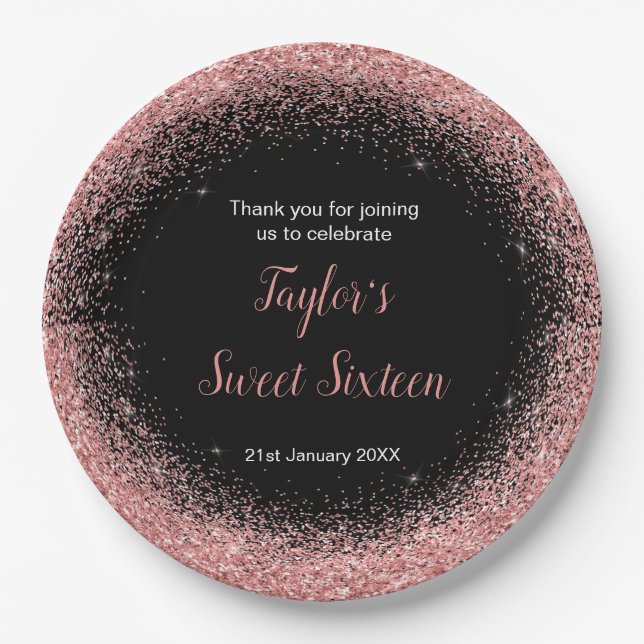 Rose Pink Dress Faux Glitter Sweet 16 Birthday Paper Plates (Front)