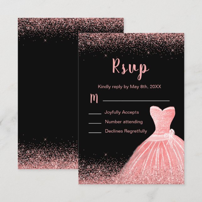 Rose Pink Dress Faux Glitter Sweet 16 Birthday RSVP Card (Front/Back)