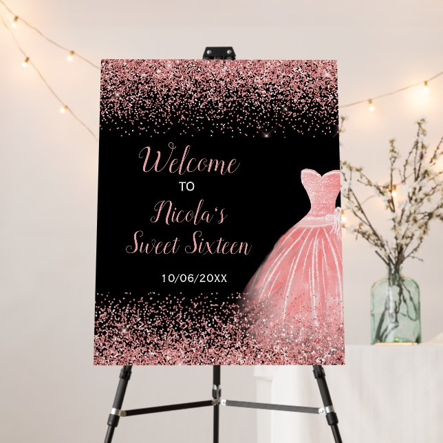 Rose Pink Dress Faux Glitter Sweet 16 Welcome Foam Board (In Situ (Stand))