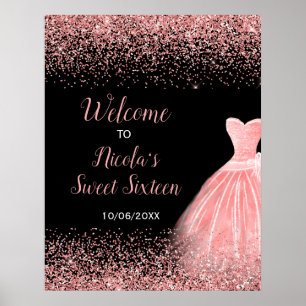 Rose Pink Dress Faux Glitter Sweet 16 Welcome Poster