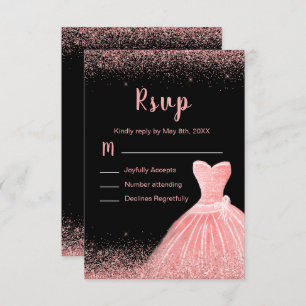 Rose Pink Dress Faux Glitter Sweet Quinceanera RSVP Card