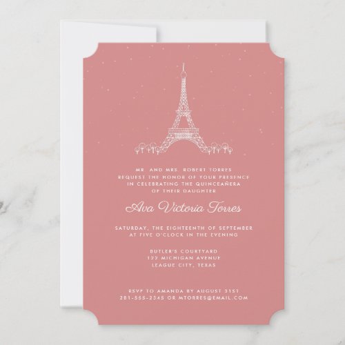 Rose Pink Eiffel Tower Under the Stars Quinceaera Invitation