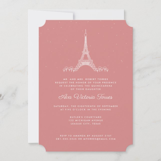 Rose Pink Eiffel Tower Under the Stars Quinceañera Invitation (Front)