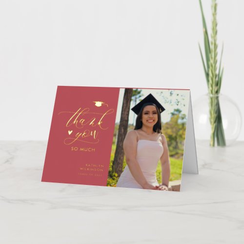 Rose Pink Elegant Gold Script Graduation Thank You Foil Greeting Card
