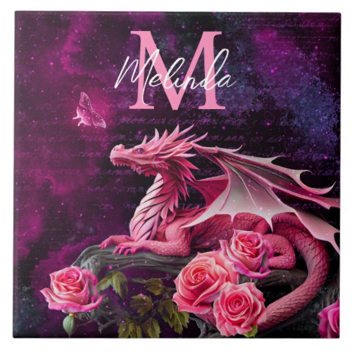 Rose Pink Fantasy Dragon Ceramic Tile