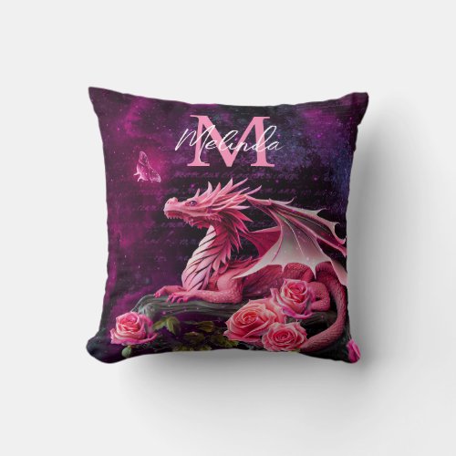 Rose Pink Fantasy Dragon Throw Pillow
