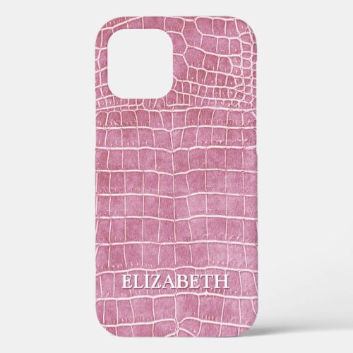 Rose Pink Faux Crocodile Leather Personalized Name iPhone 12 Case