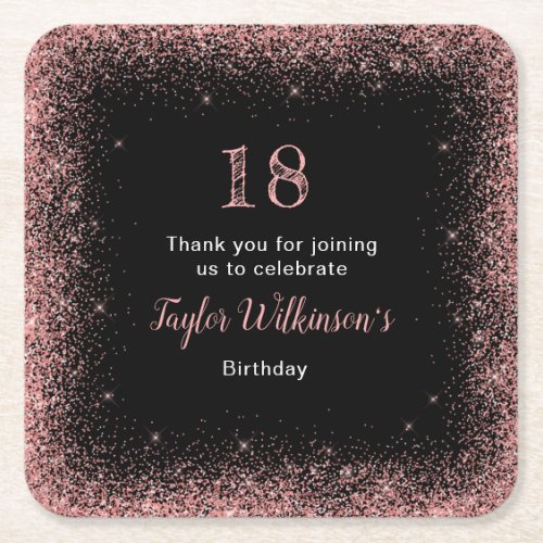 Rose Pink Faux Glitter Birthday Party Square Paper Coaster