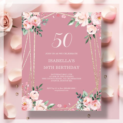 Rose Pink Floral 50th Budget Birthday Invitation