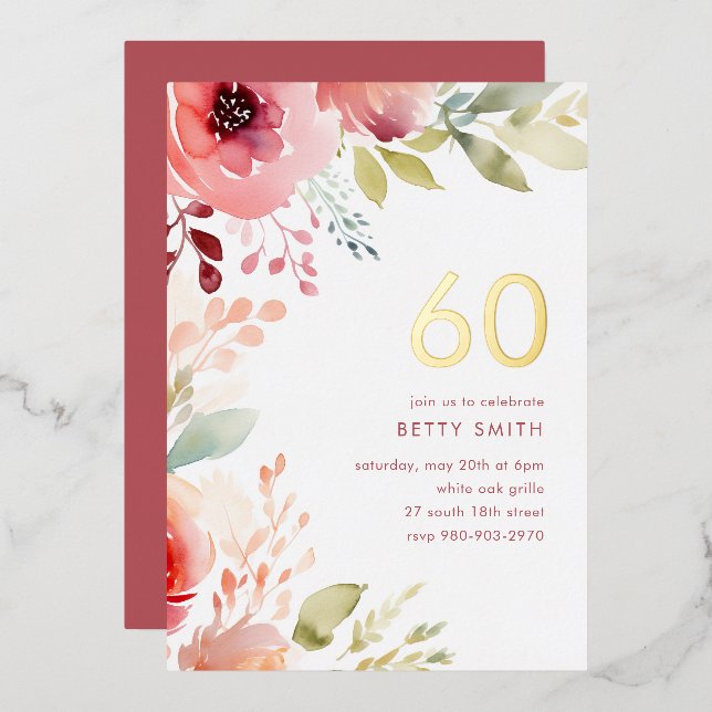 Rose Pink Floral 60th Birthday Invitation Foil Invitation (Front/Back)