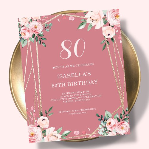 Rose Pink Floral 80th Budget Birthday Invitation