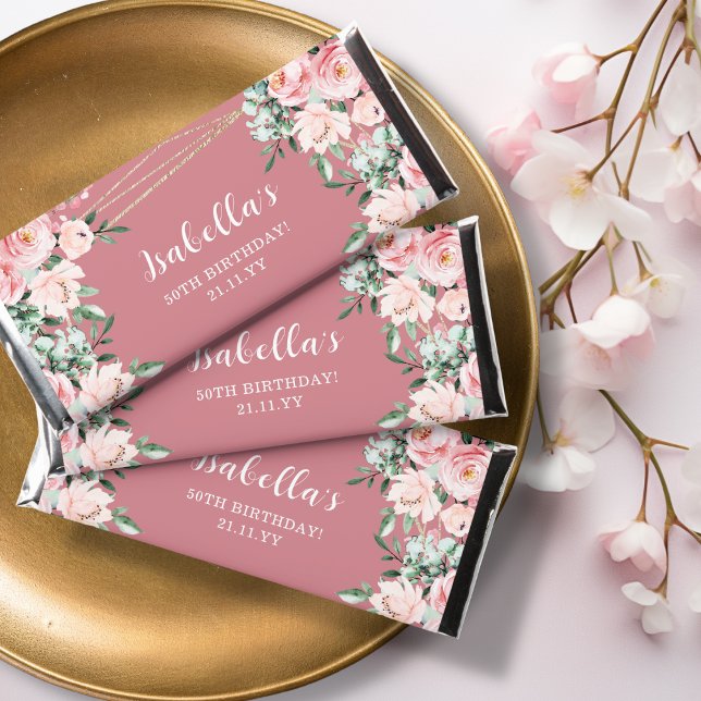 Rose Pink Floral Birthday  Hershey Bar Favors (Creator Uploaded)